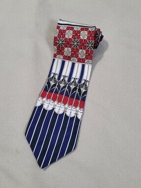 Vintage Ottimo Uomo 100% Silk Tie - Red Blue White Striped Baroque Necktie